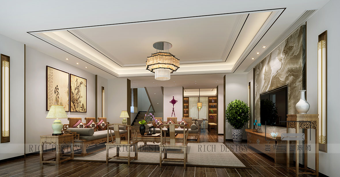 仁山智水別墅新中式客廳裝修效果圖