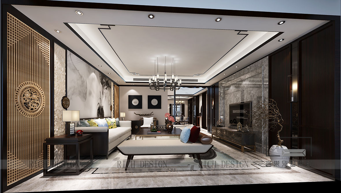 別墅中式客廳裝飾效果圖