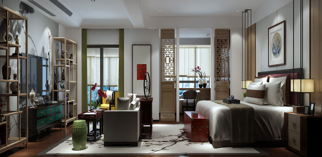 別墅中式臥室軟裝設(shè)計(jì)效果圖