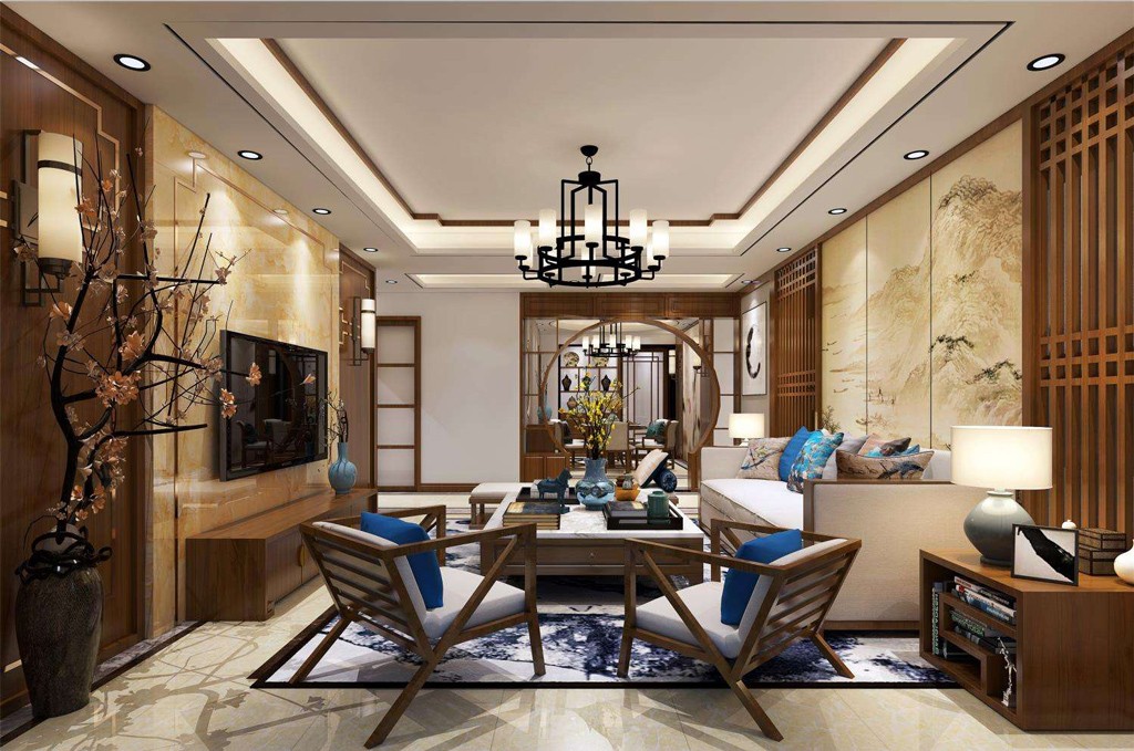 別墅中式客廳裝飾設(shè)計效果圖