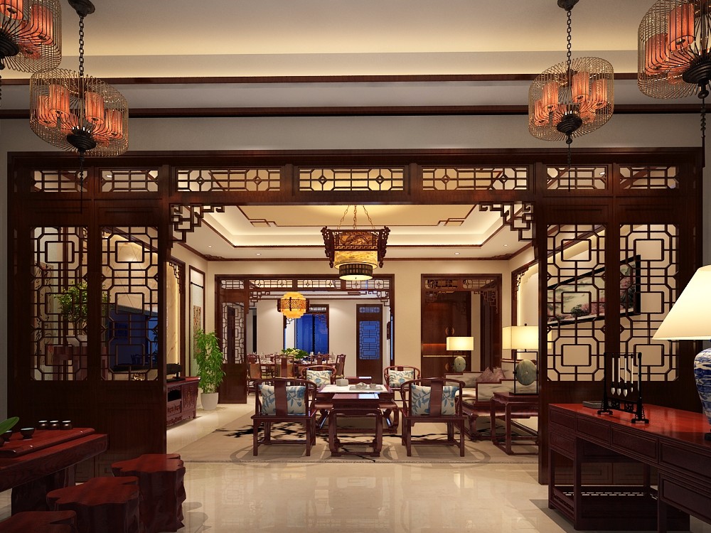 別墅中式客廳裝修設(shè)計(jì)效果圖