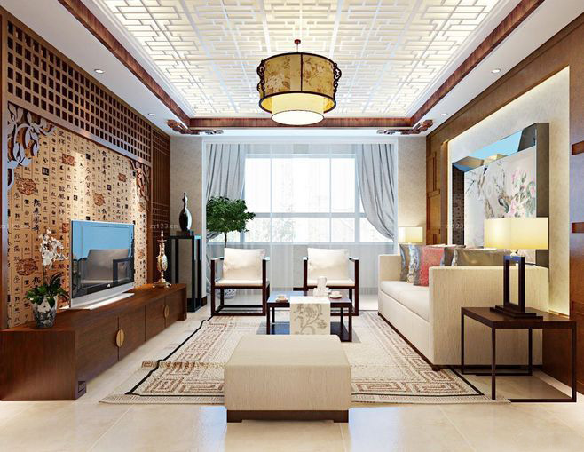 別墅中式客廳設(shè)計(jì)效果圖