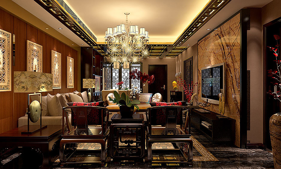 別墅中式客廳裝修效果圖