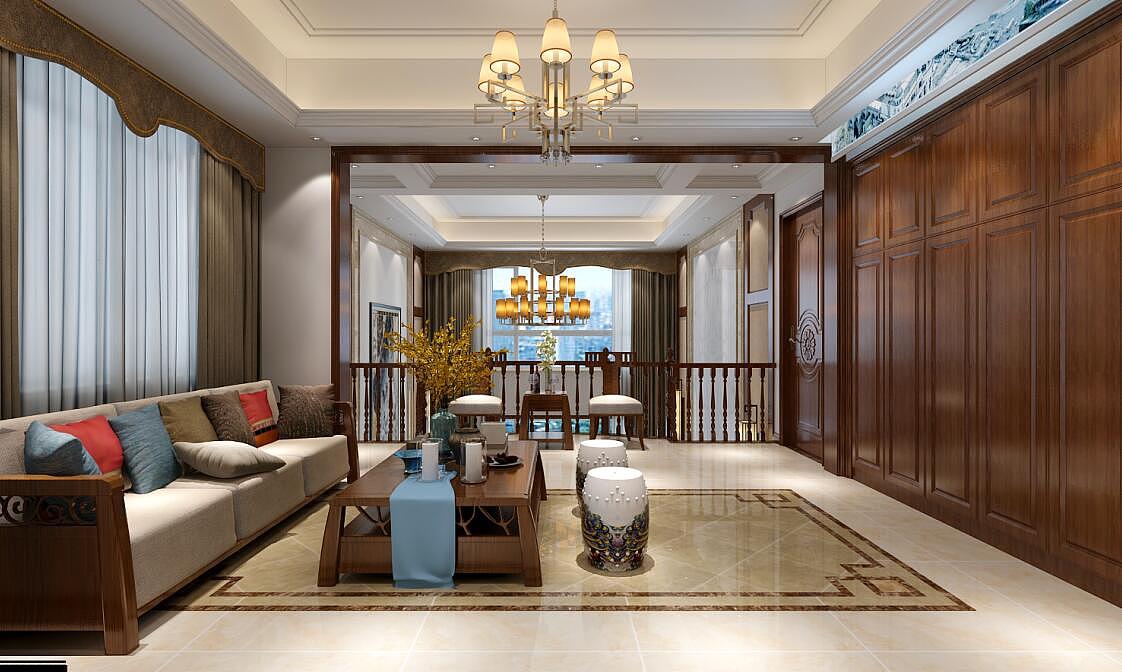 中式別墅裝潢二樓客廳效果圖