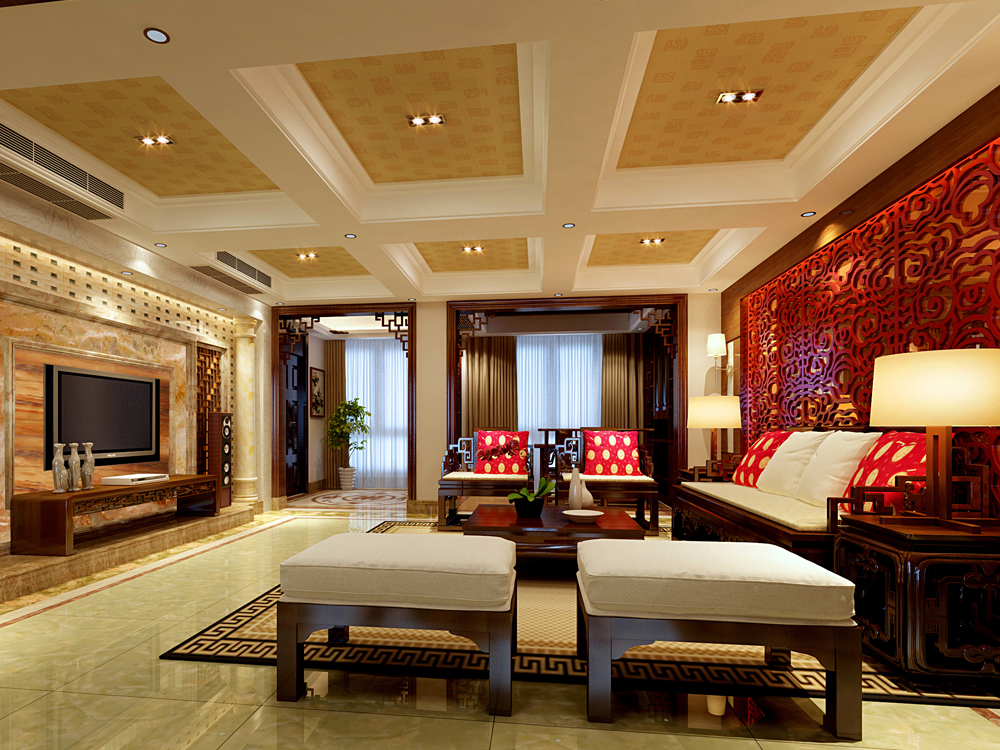 別墅中式客廳裝飾效果圖