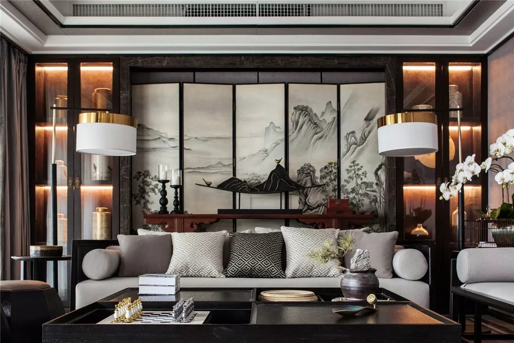 中式別墅裝修客廳背景墻實景圖